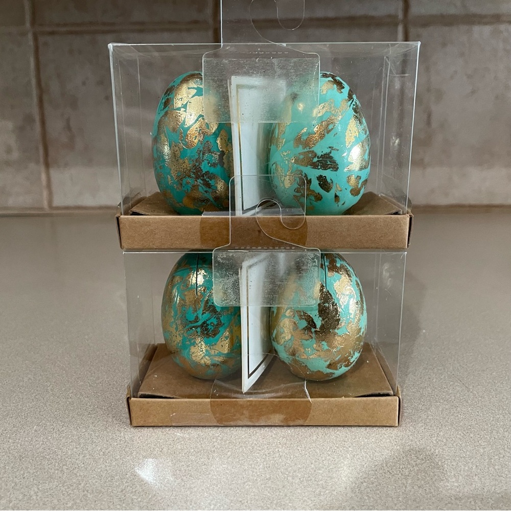NEW Set/4 Decorative Easter Table Gold Leaf Teal/Green Egg Place Card Holders